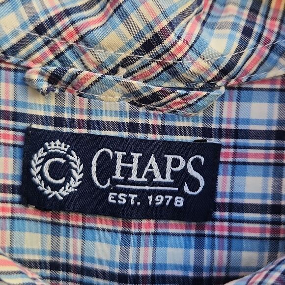 Chaps men's XL button-down collar casual white with blue plaid shirt - Picture 3 of 5